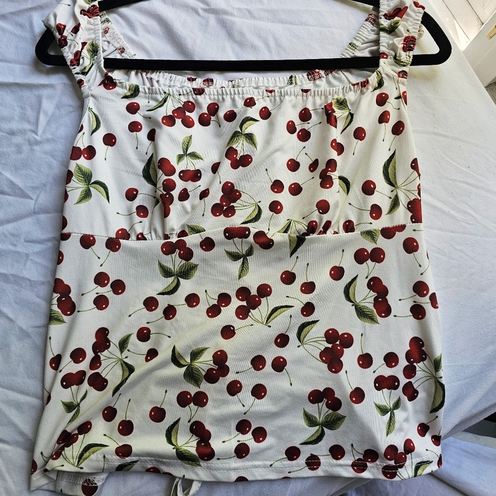 SHEIN Cherry Print Sleeveless Babydoll Top with Backless Tie-Up Detail